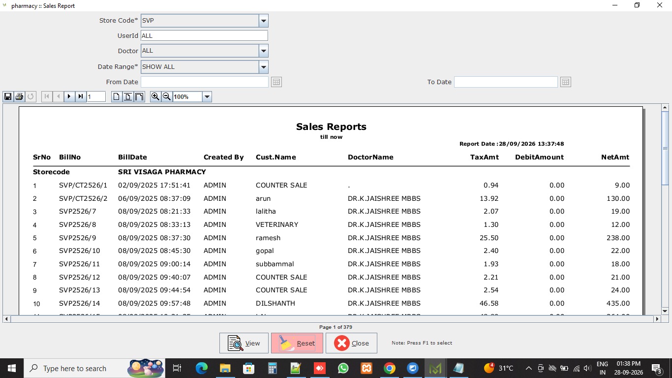 Meddoz Pharmacy Software Sales Report Reports Screen