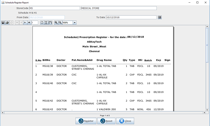 Meddoz Software Reporting Module - Schedule Register