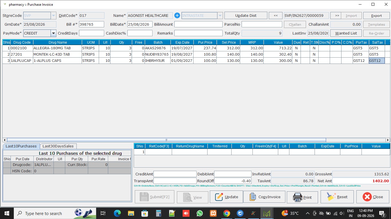 Meddoz Software Operations - Purchase Invoice