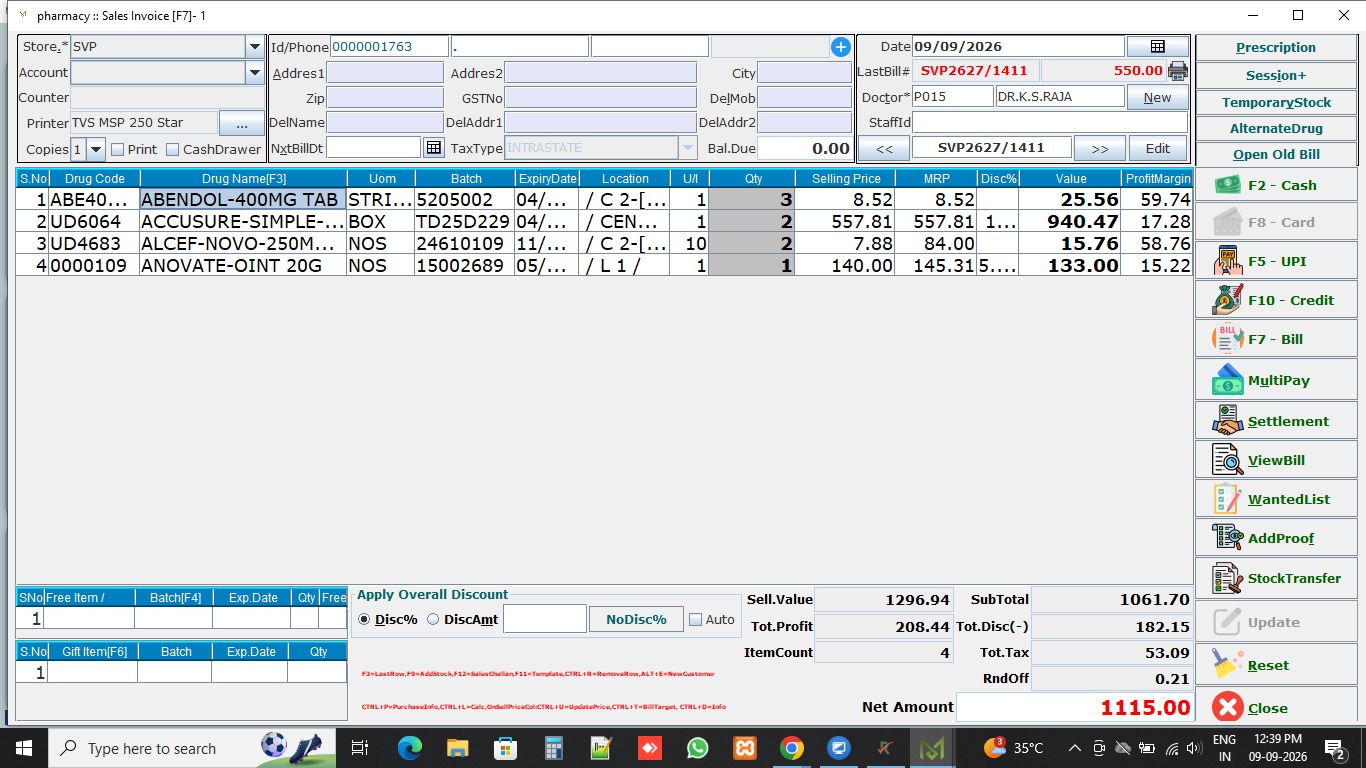 Meddoz Software Operations - Billing Screen